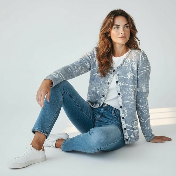 Piece of Blue Sweaters - Sz M Piece of Blue Blue Artistic Button Up Cardigan 100% Cotton NWOT $233 MRP